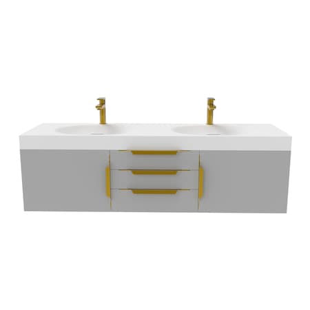 Castello Usa Thames 60-inch Gray Vanity Set with White Top and Gold Handles CB-MC-60G-GLD-20146-WH